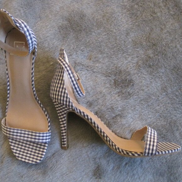 MATERIAL GIRL BLUE AND WHITE GINGHAM ANKLE STRAP BLAIRE HEELS 10 M NEW $45.00 - Picture 1 of 6
